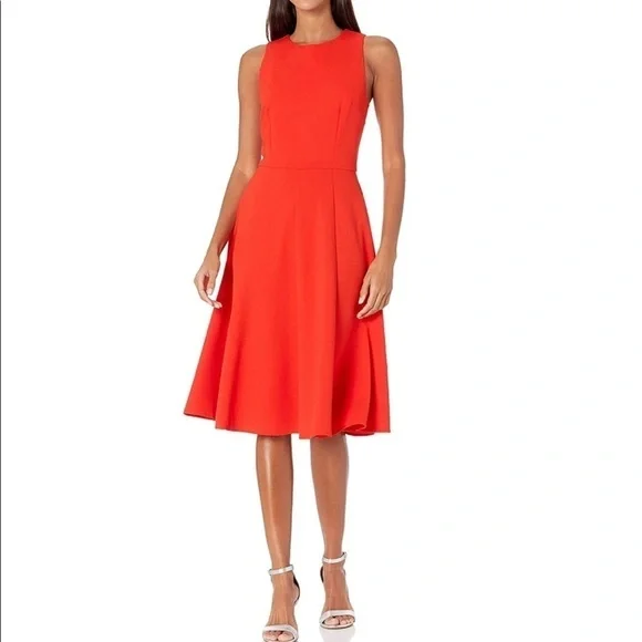 NWT Trina Turk Bacall Crepe Sleeveless Midi Fit & Flare Dress in Red - Picture 2 of 8